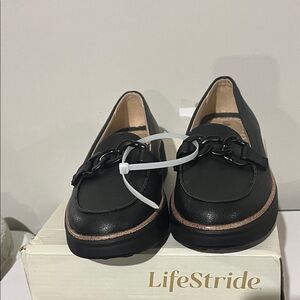 Life Stride Black Loafers with Chain Accent